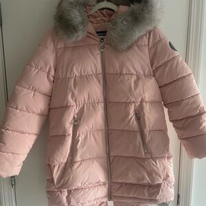 DKNY Blush Puffer Jacket with Faux Fur Trim